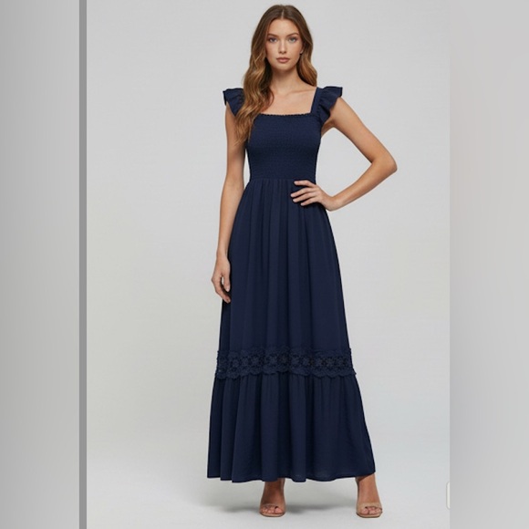 Shirred Guipure Lace Insert Ruffle Hem Dress Blue - Picture 4 of 10